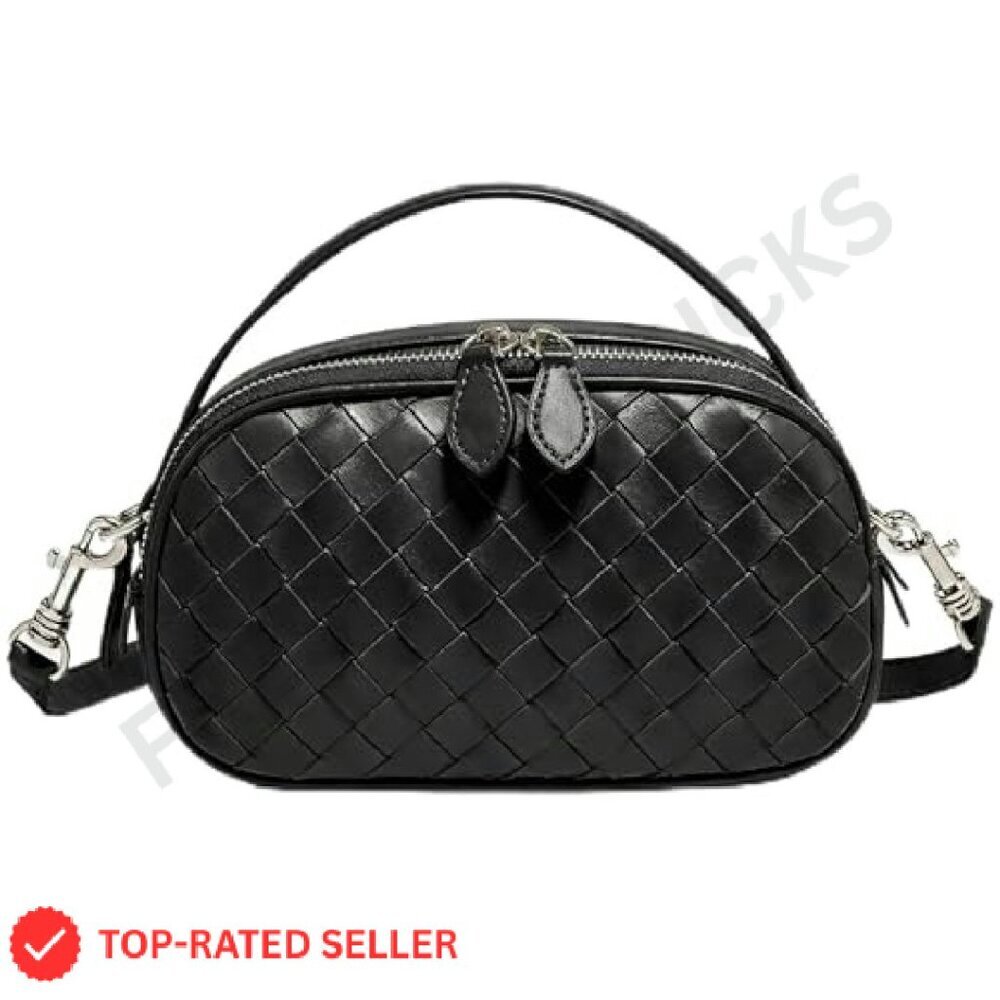 Woven Crossbody Bag Soft Leather-Feel Camera Purse Top Handle Adjustable Strap - Picture 2 of 8